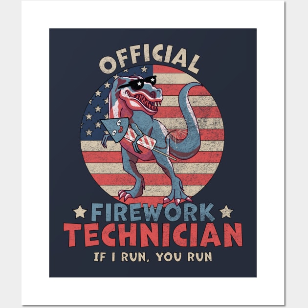 Official Firework Technician 4th of July Dinosaur T-rex Wall Art by OrangeMonkeyArt